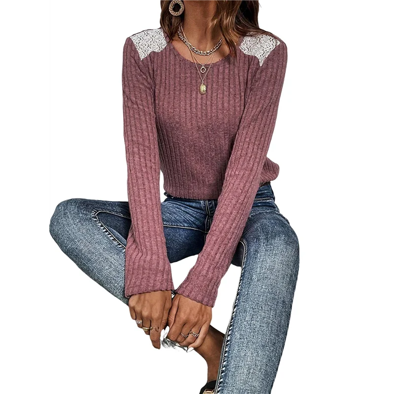 

CGS-Womens Casual Crew Neck Shirt Lace Patchwork Blouses Pullover Sweaters Solid Color Long Sleeve Tunic Tops