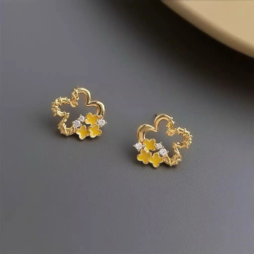 Daily Commute Enamel Yellow Flower Hollow Stud Earrings For Women Fashion Alloy Ears Accessories Jewelry Gifts Casual Date Wear