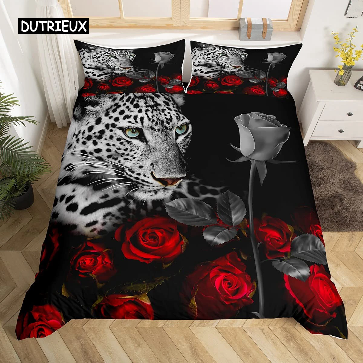 Leopard Duvet Cover Set King Red Rose African Safari Animals Quilt Cover Microfiber Rose Floral Cheetah Jungle Print Bedding Set