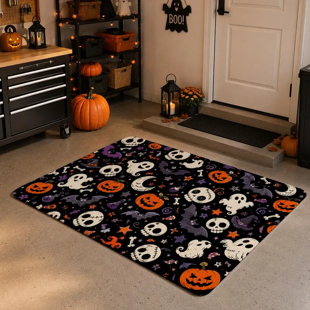 Dark Skulls Ghosts Pumpkins Halloween Doodle Art Floor Mat Soft Flannel Non Slip Absorbent Entryway Bathroom Bedroom Garage