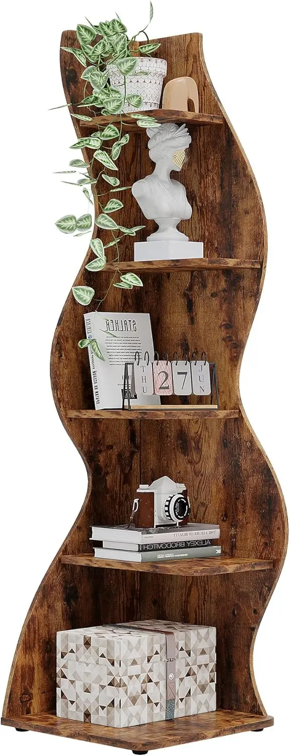 Corner Shelf, Rustic 5-Tier Wall Corner Bookshelf, Stylish Corner Small Bookcase Storage Ra Plant Stand With Unique Shape For