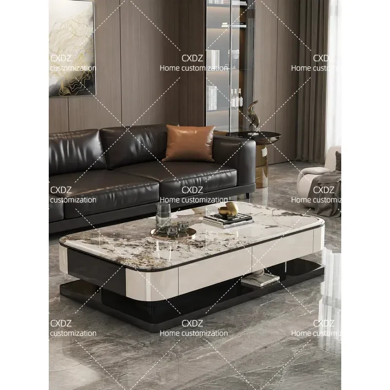 Solid Wood Coffee Table with Microcrystalline Stone Top Modern Rectangular Storage Tea Table for Living Room High End