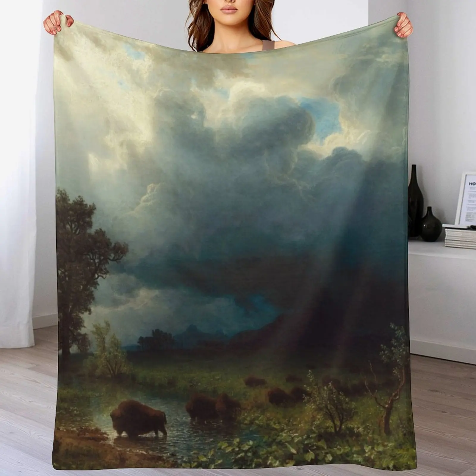 Buffalo Trial, The Impending Storm Albert Bierstadt 1869 Nature Art Throw Blanket Multi Use Warm Blanket for Living Room Bedroom