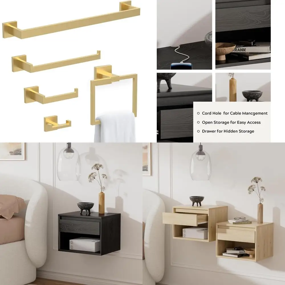 

Stainless Steel Towel Bar Set, 5-Piece Brushed Gold Bathroom Hardware, 23.6 Inch Square Wall Mount Accessories Set