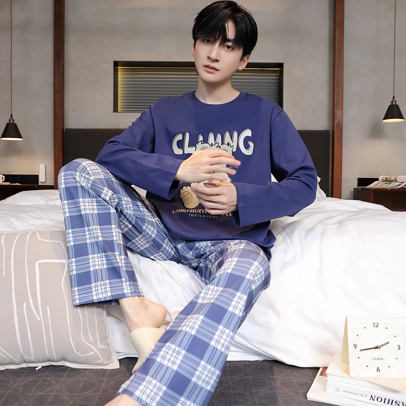 Blue Teddy Bear Men Pajamas Set Autumn Winter Long Sleeves Long Pants Cute Pijamas Casual Sleepwear Soft Pyjamas Cozy Pjs Boy Pj