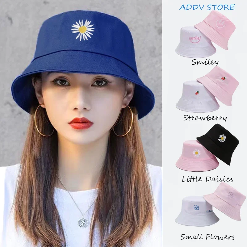 Women\'s Double-sided Flower Embroidered Fisherman Hat Wholesale Double Sided with Basin Cap Seasonal Sun Hat Bucket Hat