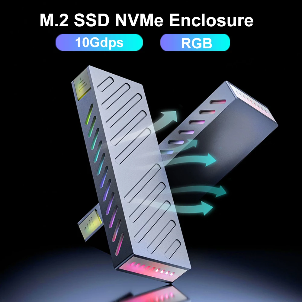 

M.2 NVMe SSD Enclosure Adapter RGB M2 SSD Case 10 Гбит/с USB 3.2 Gen2 USB C Внешний корпус NVMe Hard Disk Case для ноутбука, телефона