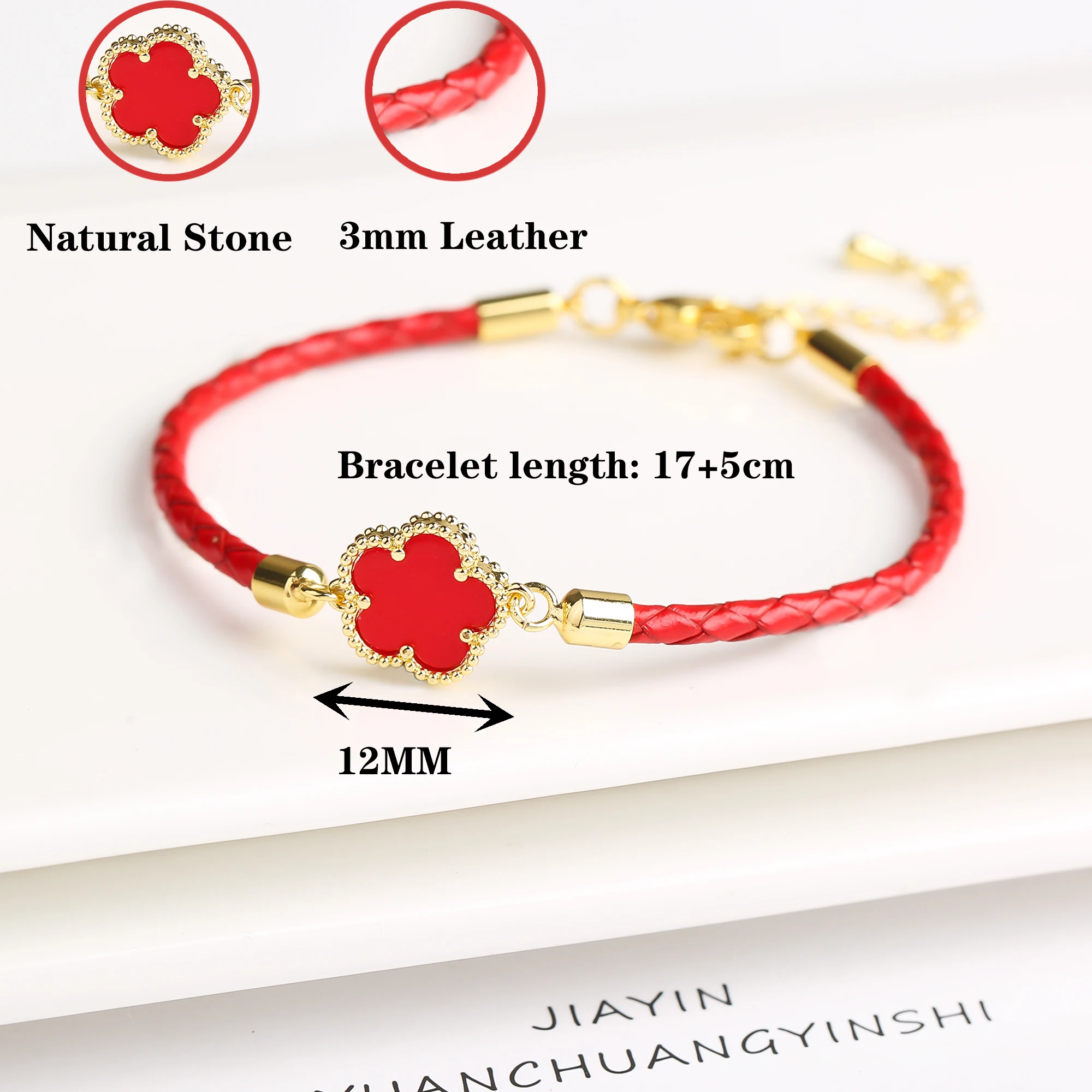 Classic Genuine Leather Woven Natural Stone Flower Charm Bracelet