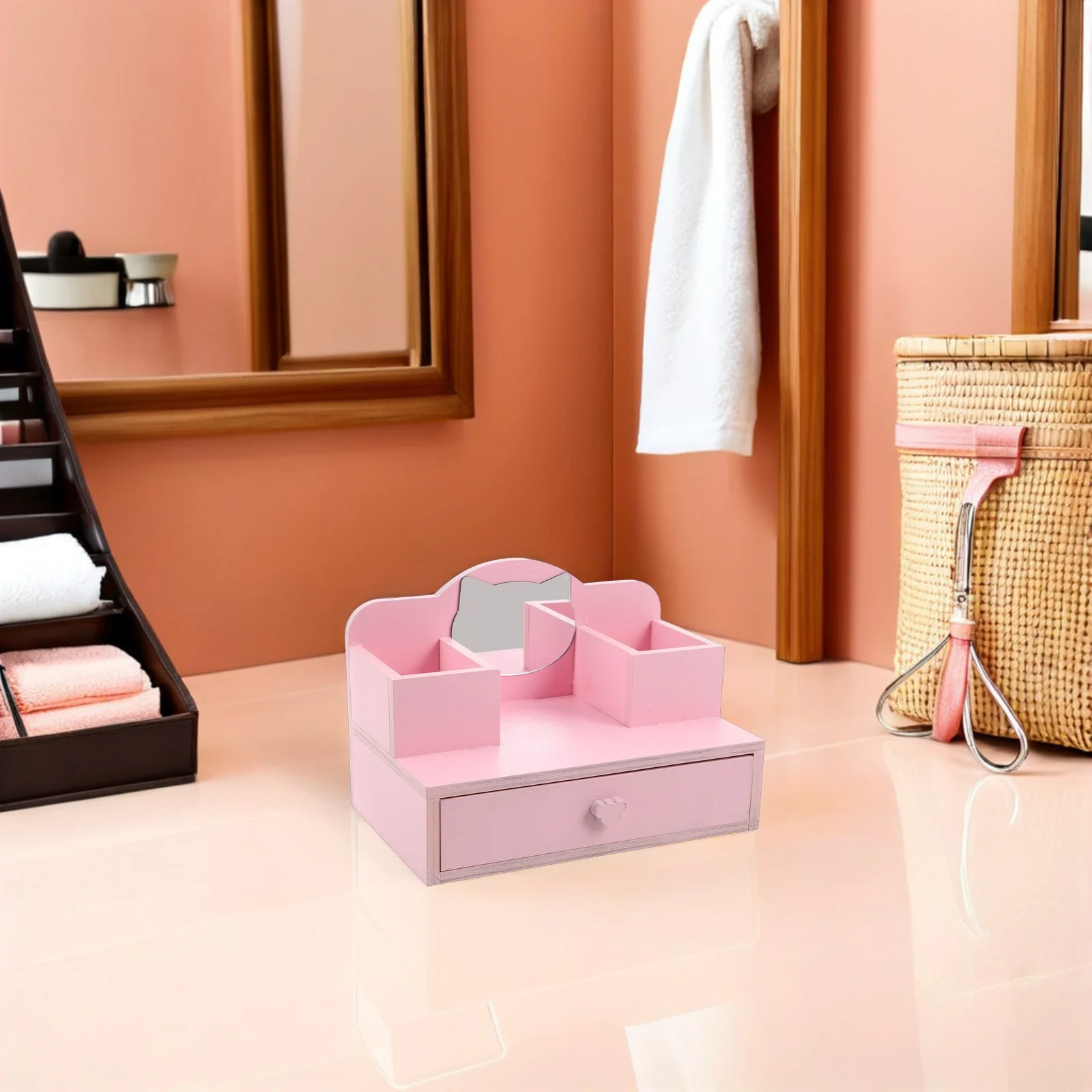 

Princess Vanity Pink Wooden Makeup Dressing Table Clear Adjustable Mirror Drawers Miniature Dollhouse Accessories
