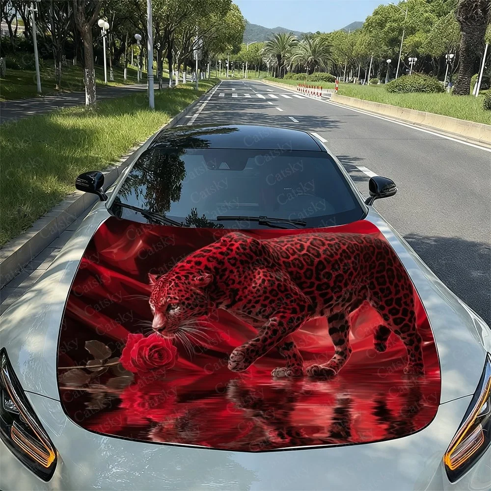 

Red Leopard Rose Car Hood Sticker PVC Self Waterproof Stick, Striking Auto Exterior Accessories Decor Protect Gift for Car Lover