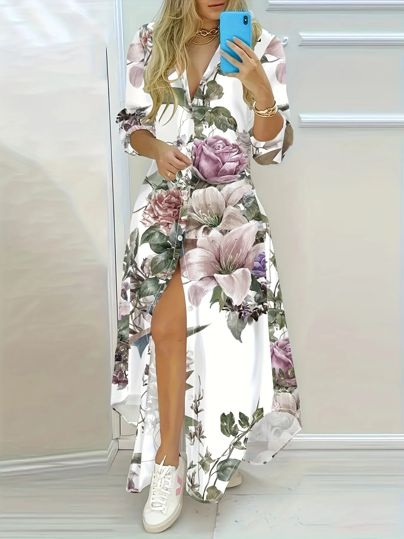 Lila und Rosa Rosen-Print Langarm-Kleid im Urlaubsstil Sommerliches Lässiges Damen-Blumenkleid Leichtes Fließendes A-Linien-Kleid