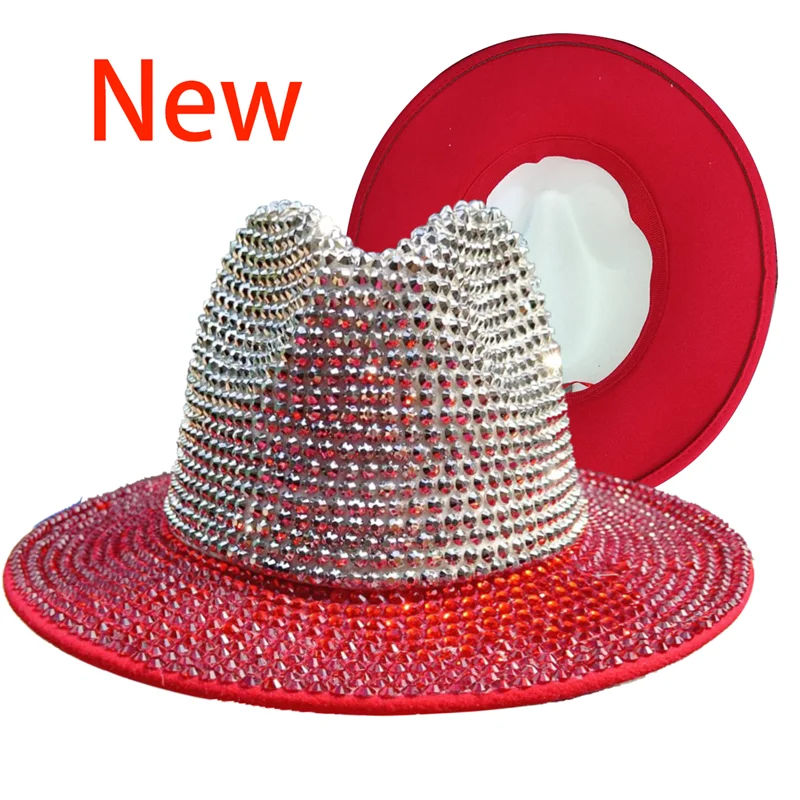 Red Rhinestone Cowboy Hat New Fedora Hat Panama New Women's Splicing Jazz Hat Party Stage Performance Female шляпаженская