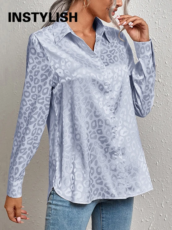 Elegant Office Lady Leopard Print Lapel Blouse Casual Long Sleeve Jacquard Spring Summer Luxury Shirt Vintage Oversize Top Tunic