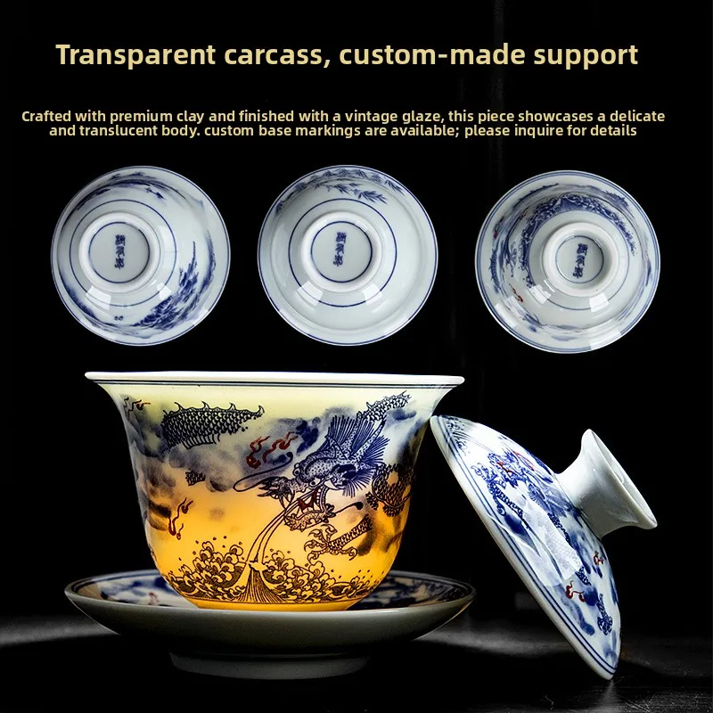 Blue and White Porcelain Covered Bowl, Dragon Patterned Tea Maker, Ceramic Kung Fu Tea Cup, Chinese Porcelain Tea Ceremony Gift