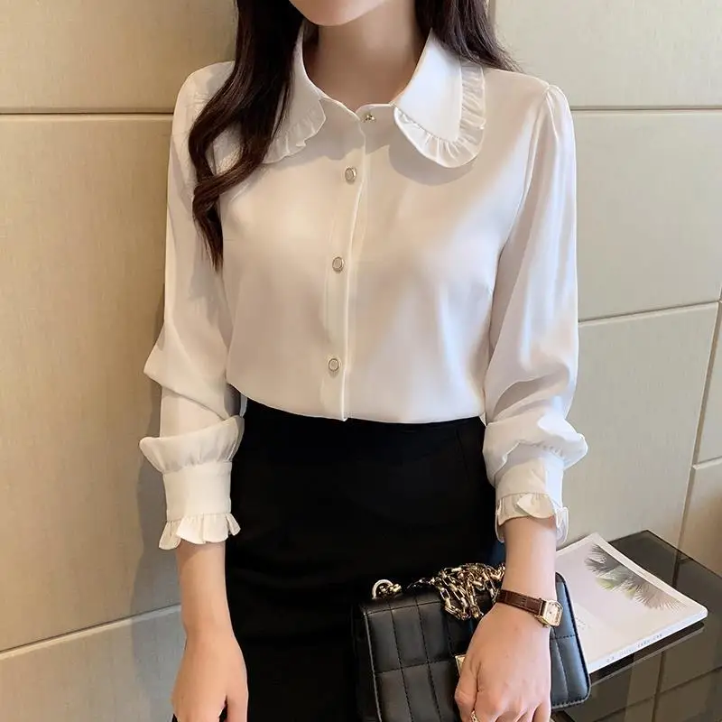 Senhora do escritório branco all-match juventude camisa topos primavera outono manga longa estilo preppy blusa solta moda coreano roupas femininas