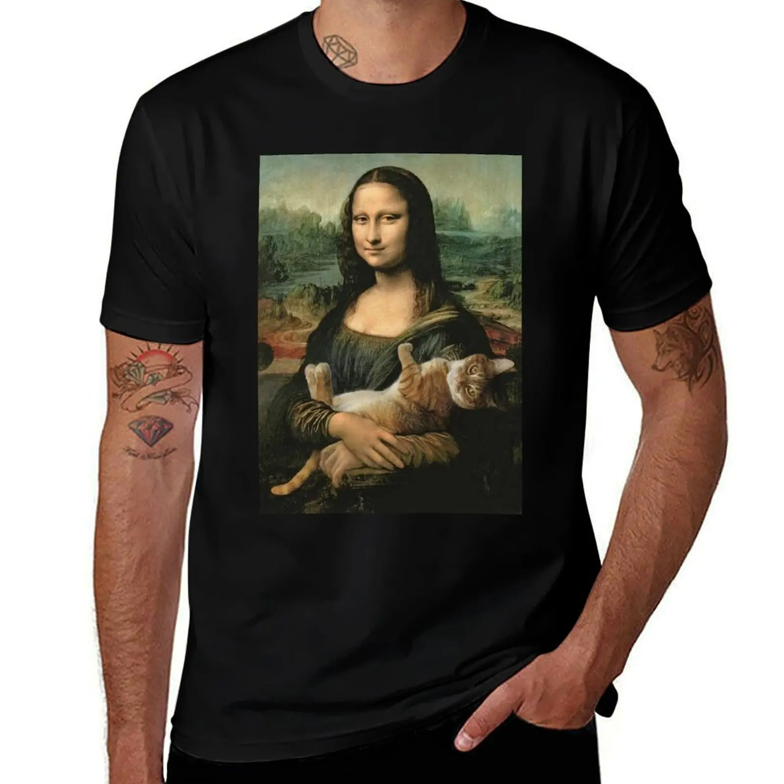 

Mona Lisa With Orange Cat Funny Art Painting T-Shirt black cotton t-shirt plain for man package funny t shirts man
