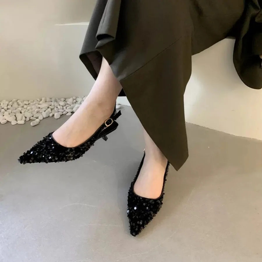 Pointed Heel Sandals Black Shoes for Women Bling Bling Beige Elastic Band Low Retro Bright Closed  Fashion Clear High 2024 Comfo