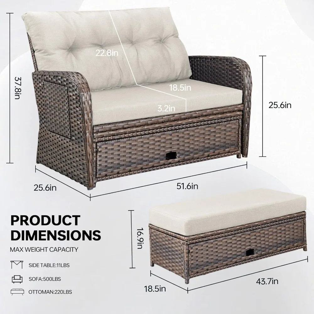 Daybed, Wicker Recliner Loveseat for Two with Multifunctional Recliner and Stowable Side Tray, 5 Level Adjustable Backrest