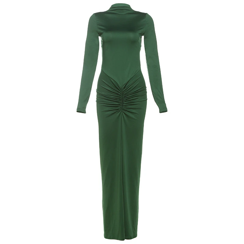 Solid Turtleneck Long‑Sleeve Ruched Fitted‑Waist Maxi Prom Dress Bodycon Slim‑Fit Stretch Fabric Party Gown Simple Evening Robe