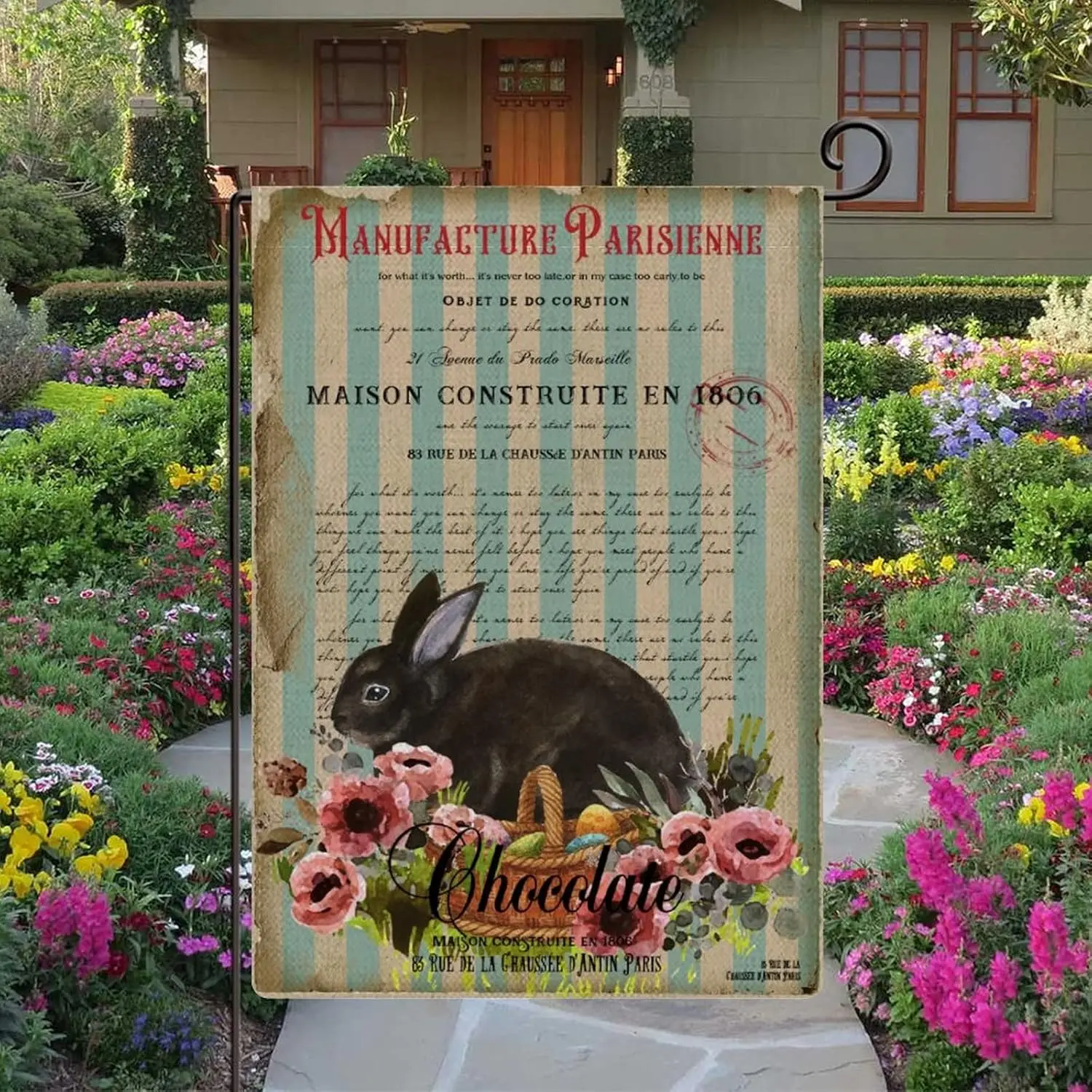 Retro Blue Stripes Easter Egg Basket Rabbit Flowers Garden Flag 12x18 Double Sided Funny Spring Easter Yard Flags Burlap Far yyi
