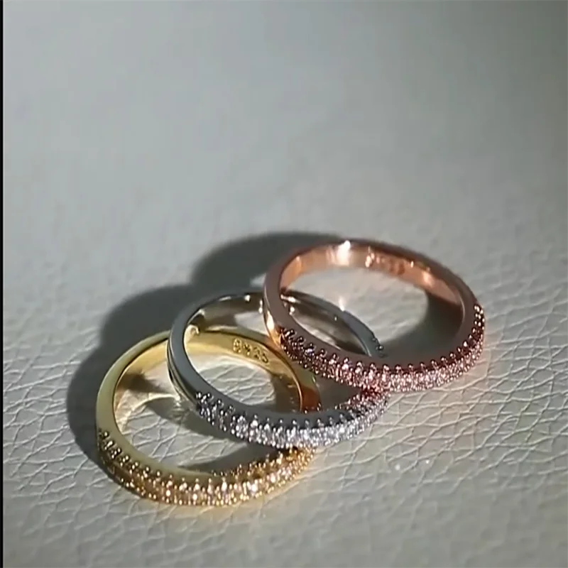 Anillo Delgado de Oro, Plata y Oro Rosa con Incrustaciones de Circonita Cúbica Brillante, Diseño Simple de Una Sola Hilera, para Mujer, Joyería de Boda 2026