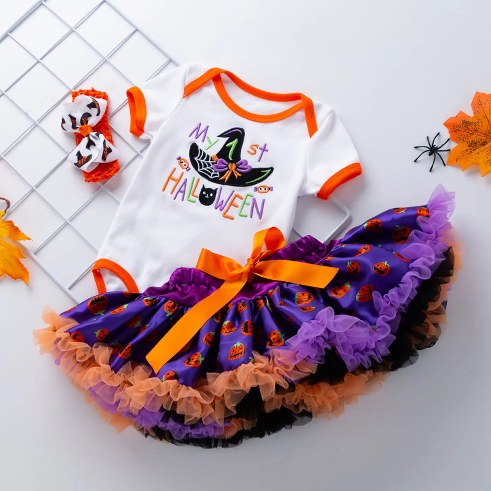 

New Born Girl Outfits for Infant Girls Halloween Short Sleeve Letter Prints Romper Tulle Ruffles Baby Clothes Set Boys