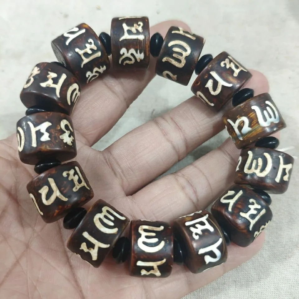 Tibetan Six Syllable Mantra Old Dzi Bead Bracelet Agate Chalcedony Unisex
