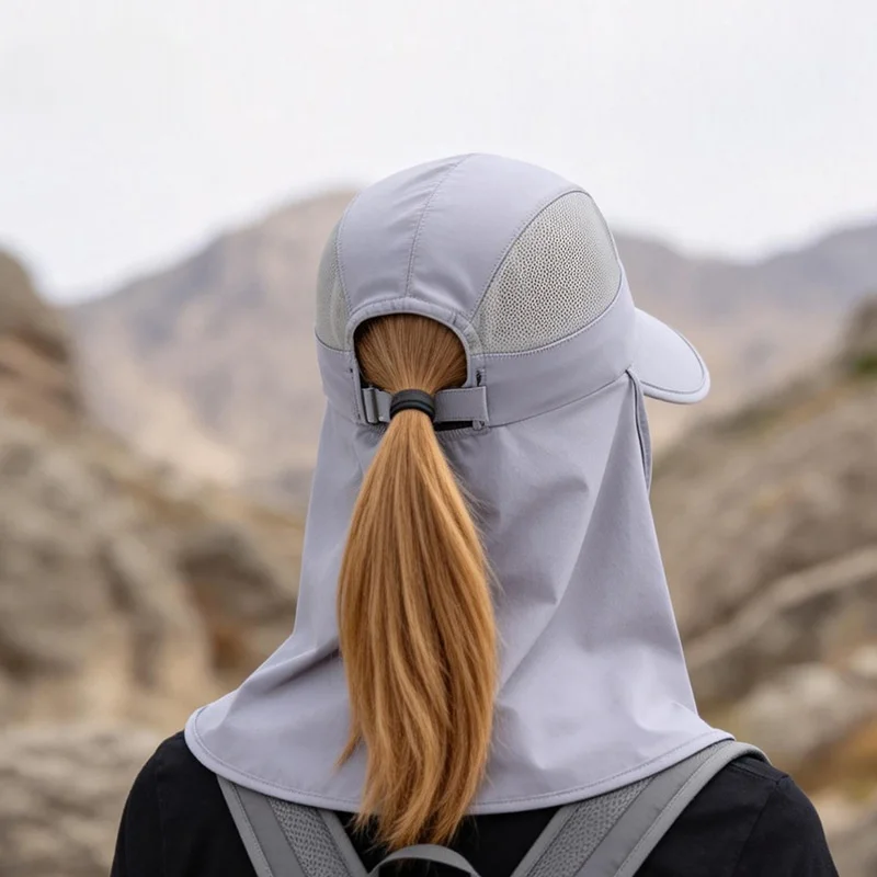 Unisex Outdoor UV Protection Sun Visor Hat, Removable Neck Cover Breathable Mesh Ponytail Design Wide Brim Fishing Cycling Cap