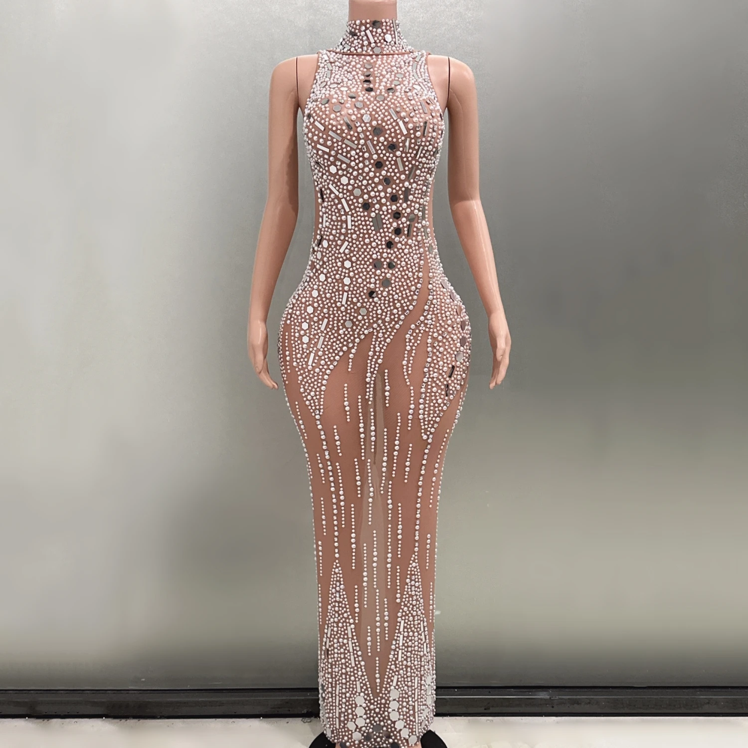 

Luxury Pearls Sequined Sexy See-Through Halter Sheath Dress Evening Party Elegant Dress Nightclub Singer Dancer Stage We