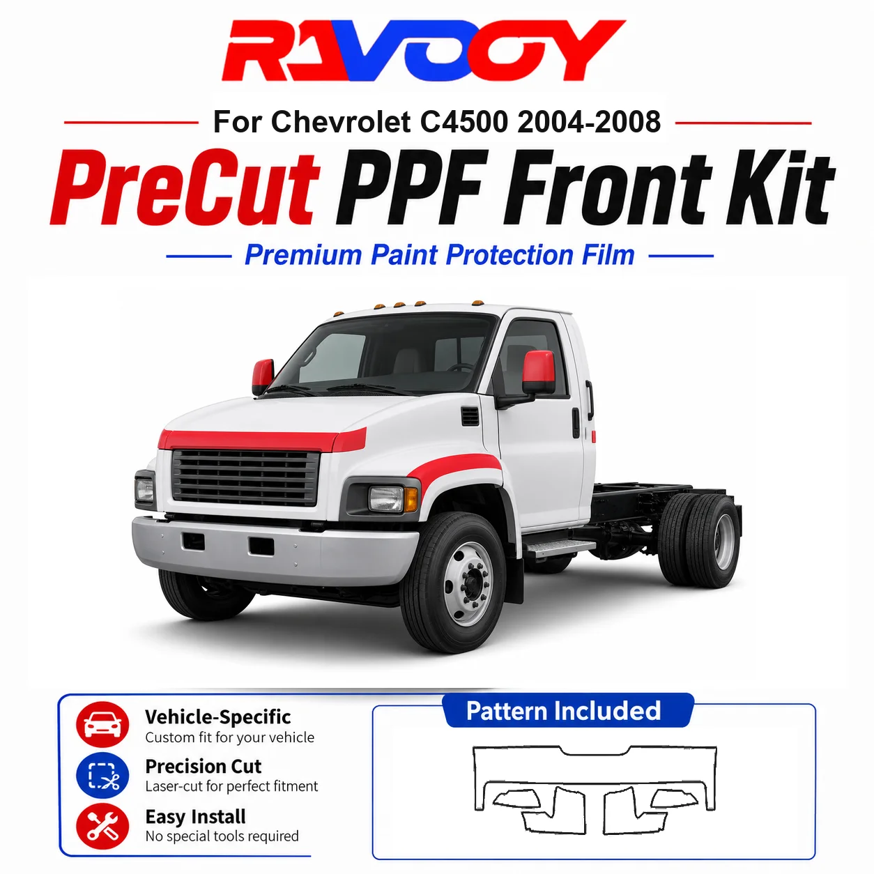 

8.5mil TPU Precut PPF Kit For Chevrolet C4500 2004-2008 - Hood, Fenders & Mirror Set - Self-Healing Clear Bra Film