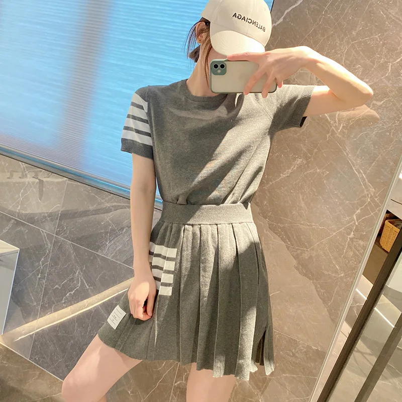 High Quality Korean Fashion TB Striped O-neck Short Sleeved T-shirt Women's Slim Pleated Skirt Office Casual Two-piece Set