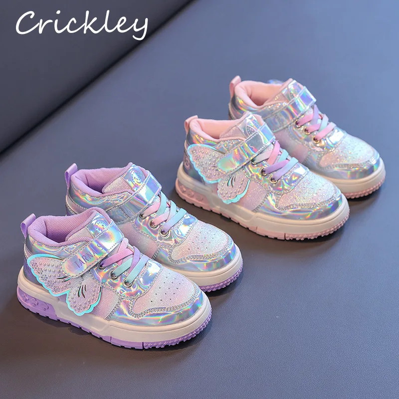 

Bling Butterfly Girls Sneakers Fashion PU Patchwork Children Casual Shoes Princess Hook Loop Soft Kids Sport Shoes