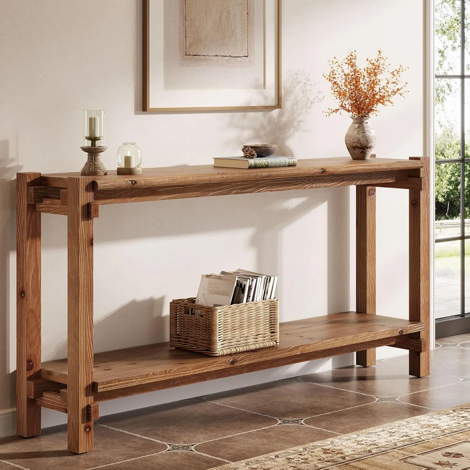 

Solid Wood Console Table, Narrow Entryway Table with Storage, for Living Room, Entrance, Behind Sofa, Brown