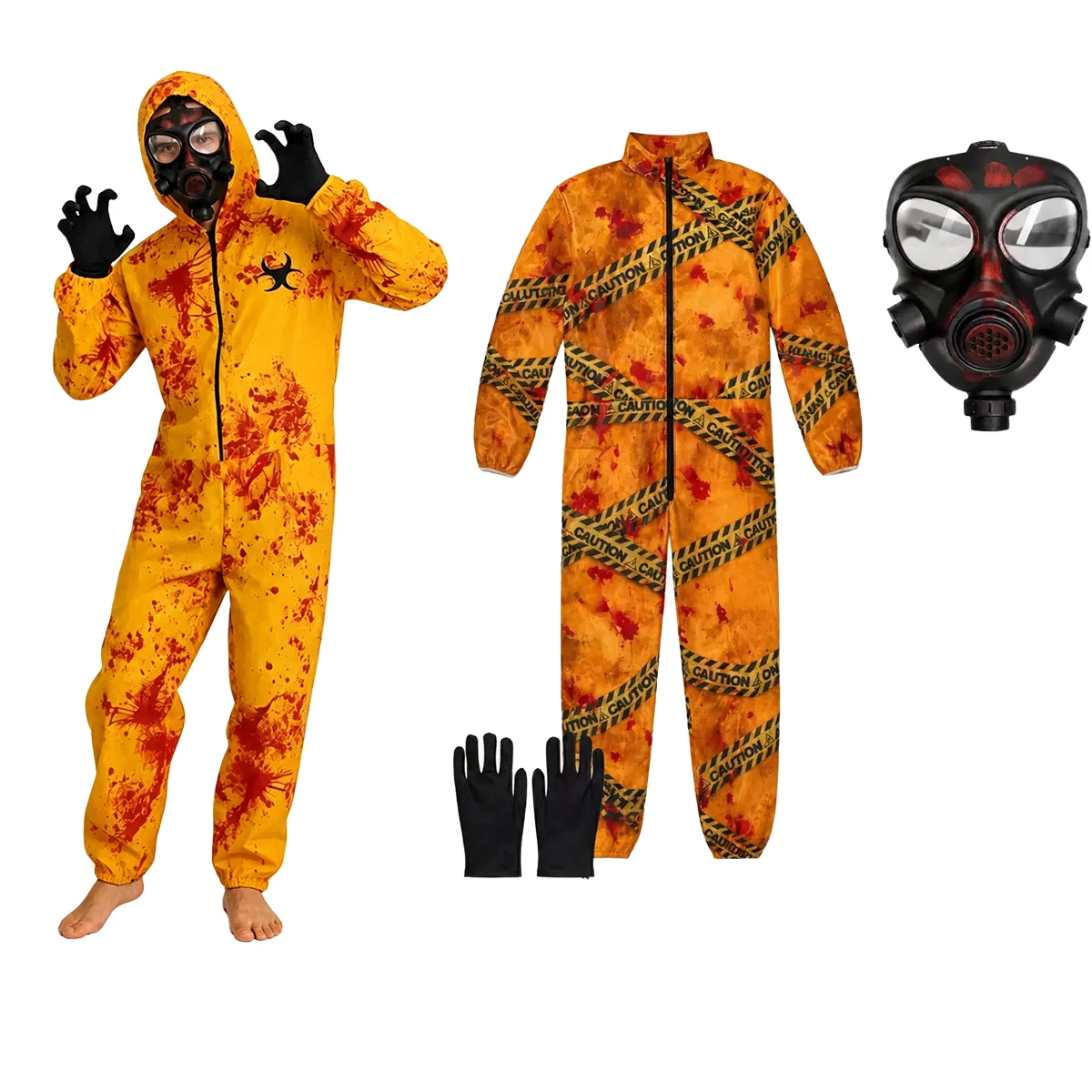 Kids  Biohazard Hazmat Suit, Yellow Blood Splatter Jumpsuit with Gas Mask Gloves, Halloween Cosplay Outfit