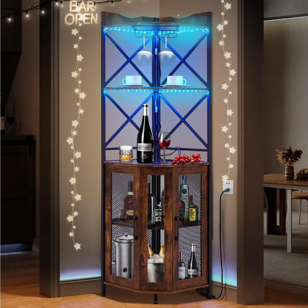 

EROMMY Corner Bar Cabinet with Power Outlet, 5-Tiers Wine Bar Cabinet with LED Light and Glass Holder, Industrial Home Bar for D