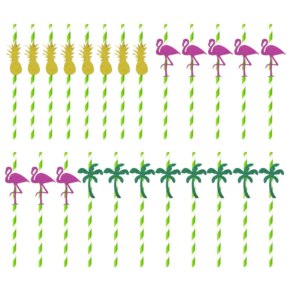 

24Pcs Flamingo Decorative Paper Straws Hawaiian Party Drinking Straws Pineapple Coconut Tree Luau Bbq Table Decor