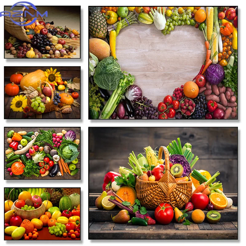 Nordic Vegetables and Fruits in Basket Poster Canvas Painting Colorful Food Wall Art for Dining Room Kitchen Decoration
