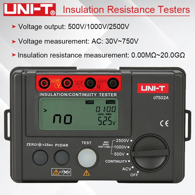 UNI-T UT502A 2500V Digital Insulation Resistance Meter Tester ohmmeter Highly Voltmeter Continuity Tester With LCD Backlight