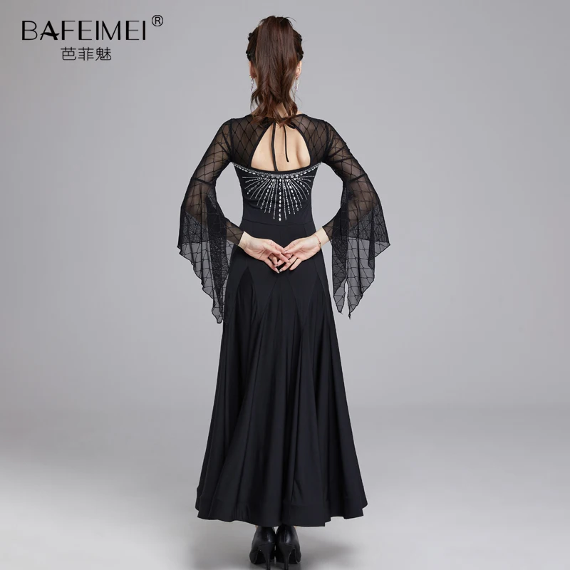 Vestido de dança moderna latina feminino, novo vestido de dança de salão, valsa, manga de chifre, grande vestido de performance de prática 9026