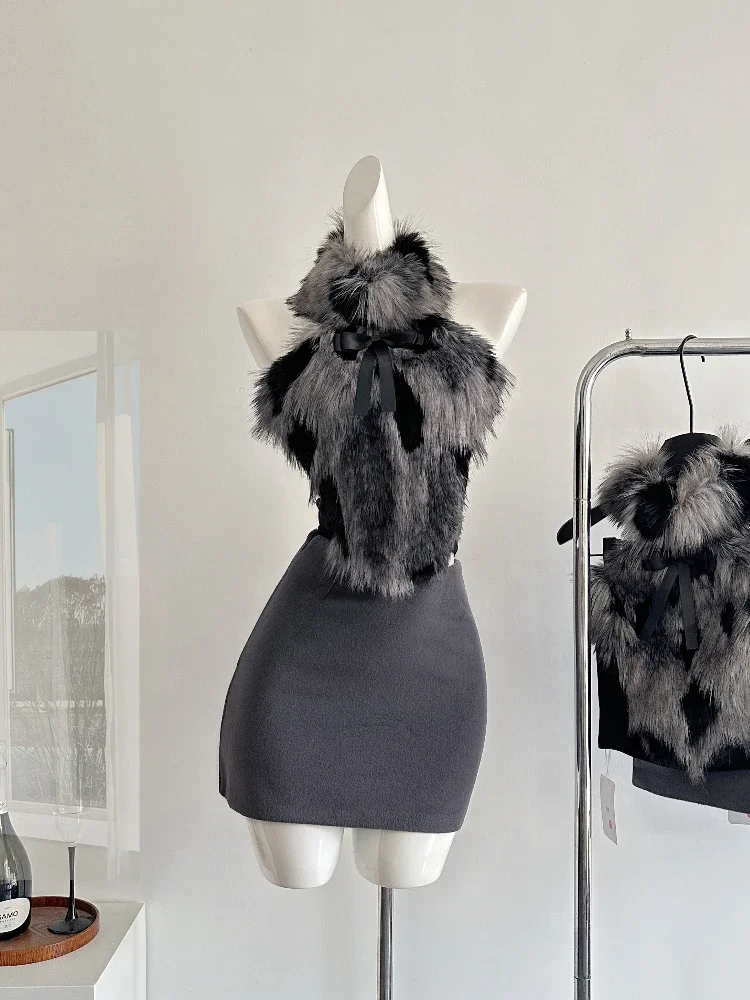 Korea Elegant Sexy High End 2PC Set Women Plush Neck Halter Backless Short Vest+Mini Bag Hip Skirts Female Slim Nightclub Suit