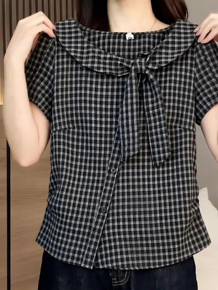 

Korean Style Plaid Short Sleeve Shirt Women's Slim Fit Knot Waist Cinched Versatile Top Summer 2026 Loose Style