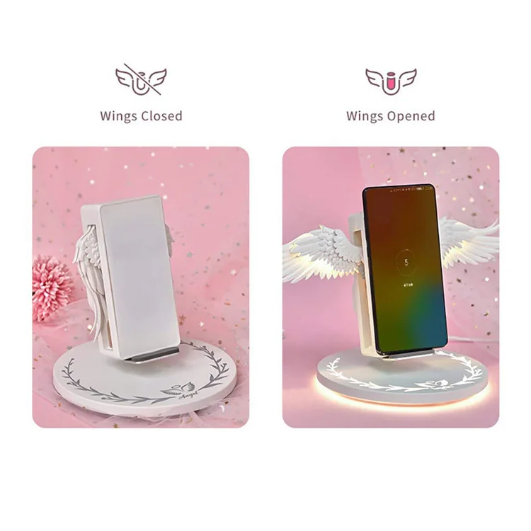 Imagem -06 - Carregador sem Fios Auto Open Close Angel Wings Luz Led qi Carregamento Rápido para Iphone 13 12 11 Pro Max Samsung S22 S21 15w