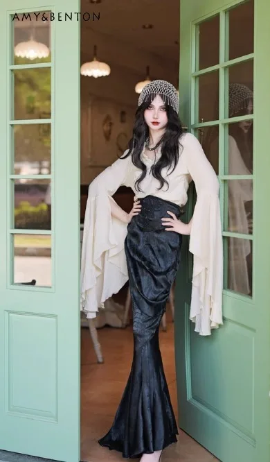 

Spring and Autumn Dark Gothic Court Style Lace Patchwork Half Skirt Witch Cosplay Costume Apricot Top Versatile Waist Cincher