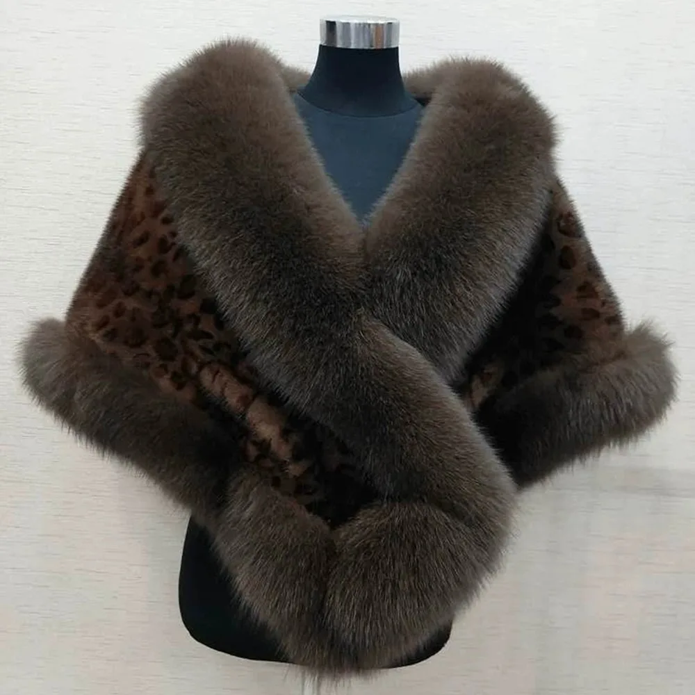 Women's Genuine Mink Fur Trim Cape Poncho Winter Warm Shawl Wrap V Neck Luxury Fur Fox Collar Elegant Coat Women