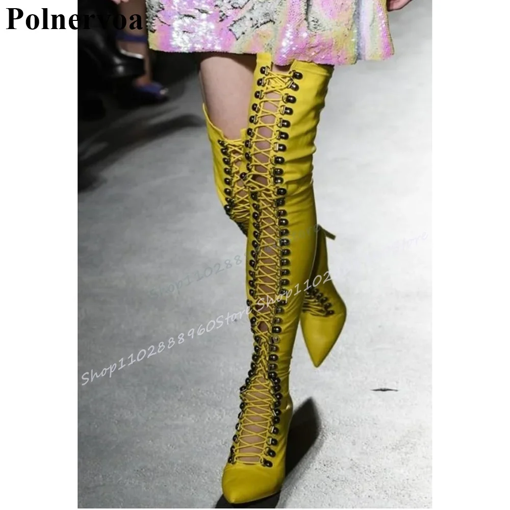 

Over The Knee Yellow Soft Leather Boots Thin High Heel Shoes For Women Cross Tied Pointed Toe 2025 Fashion Zapatos Para Mujere