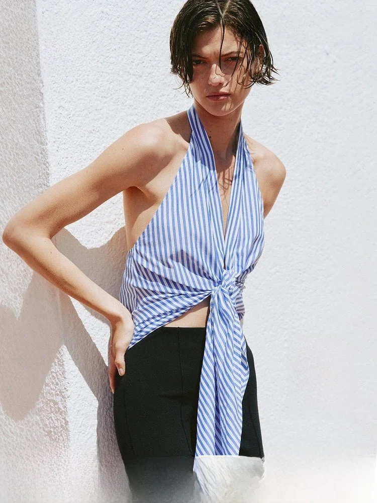 

H&M Summer New Women's Clothing Bow Decorative Hanging Neck Top 1340830 Cotton V-neck Vest Outerwear Regular Length