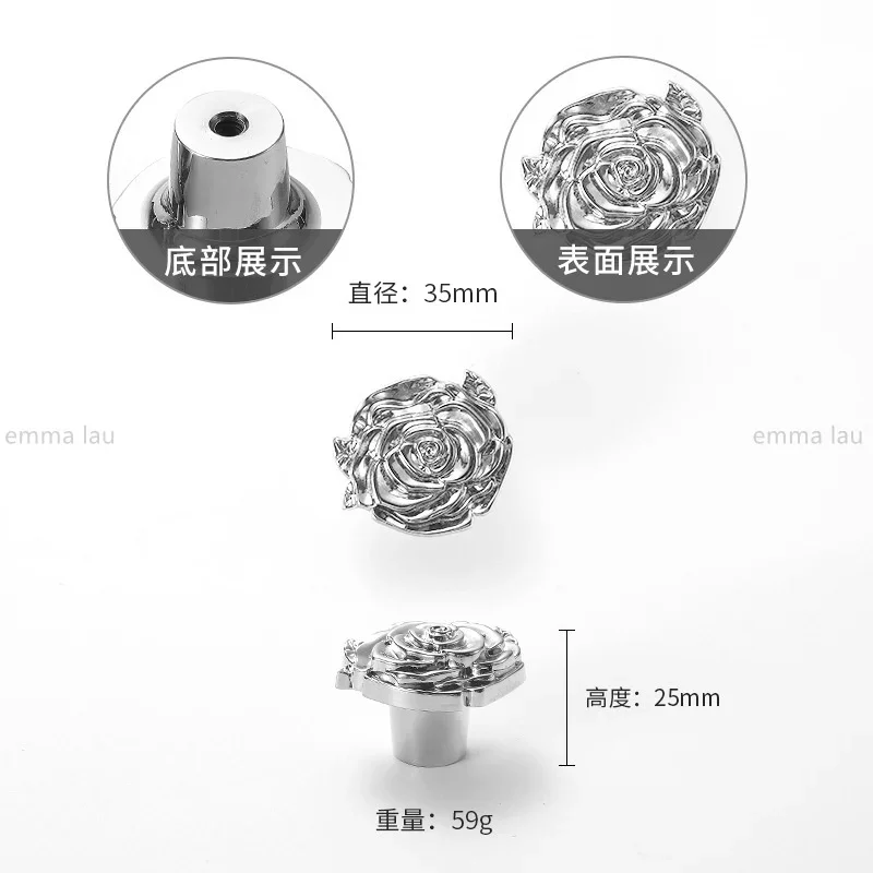 Bright Silver Rose Flower Furniture Pull Handles Brass Single Hole Cabinet Door Handles Drawer Knobs Wardrobe Cupboard Pulls