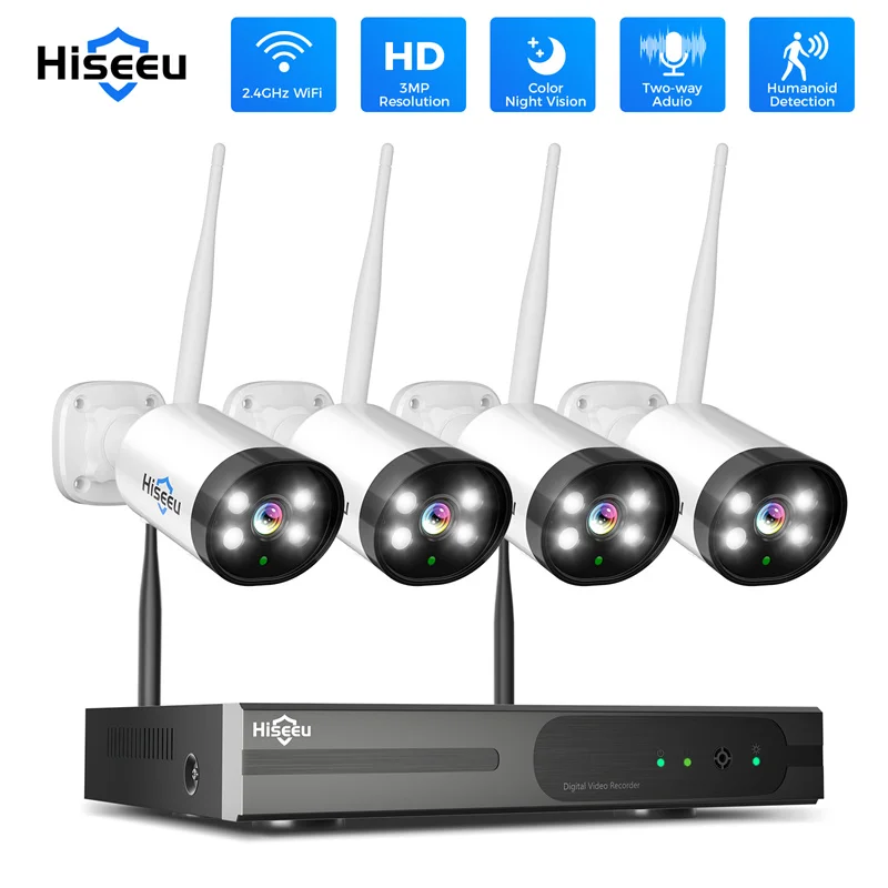 

Hiseeu WK-4HBFO3 10CH NVR 3MP WiFi CCTV System Kit Color Night Vision Human Detection Two-way Audio IP66 Wireless IP Camera