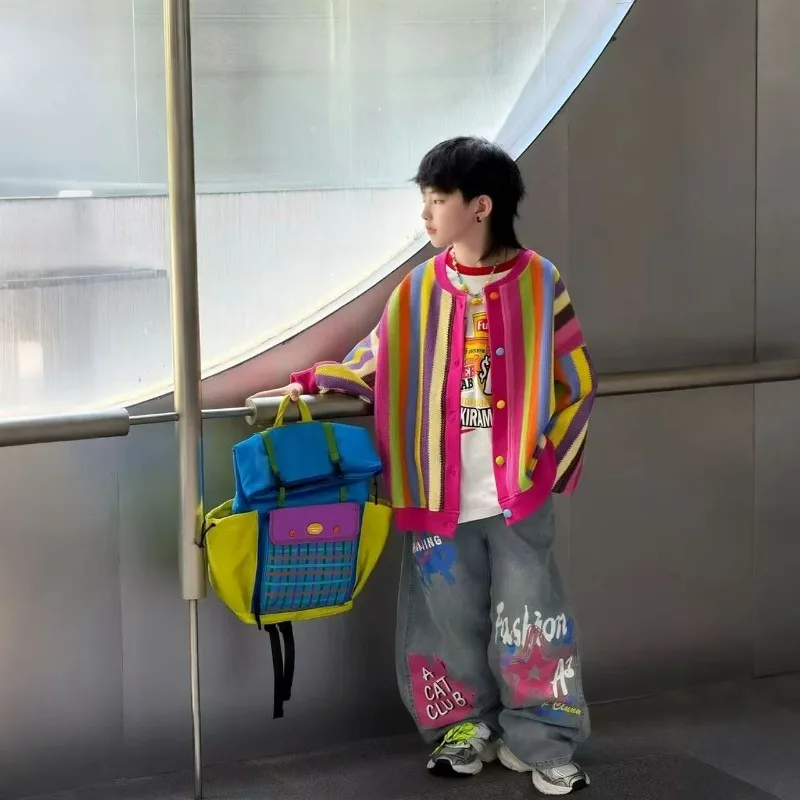 2026 Autumn New Boys and Girls Rainbow Jacket Children's Fashion Versatile Cardigan + Printed Loose Wide-leg Jeans Set