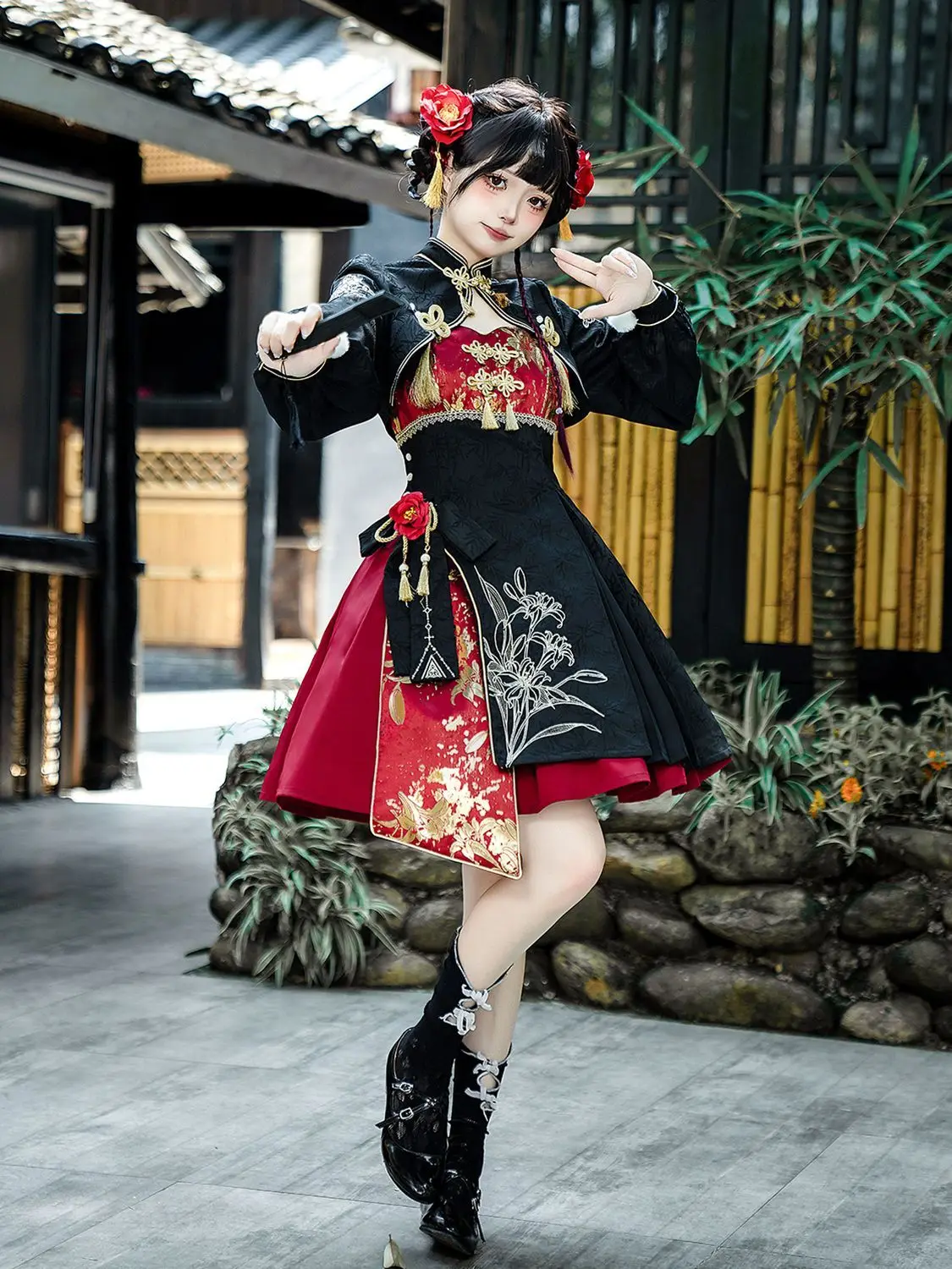 

Niche Designer Girl Lolita New Chinese Style Top Leg Warmer Suspender Skirt Mid-Length Dress Set Spring and Autumn
